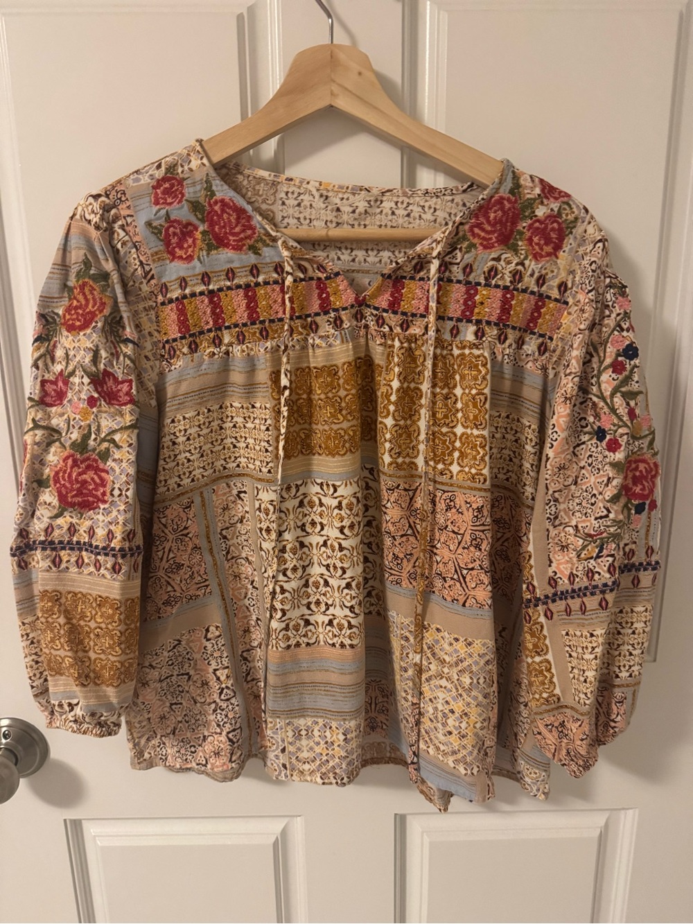 Savanna Jane Cream Patchwork Floral Peasant Top with Pink Rose Accents